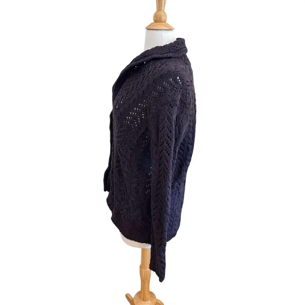 Lands' End Navy Blue Open Knit / Crochet Cardigan, Shawl Collar, V-Neck, Size LP